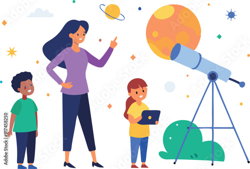 A woman and two children observe planets and stars using a telescope during a stargazing session.