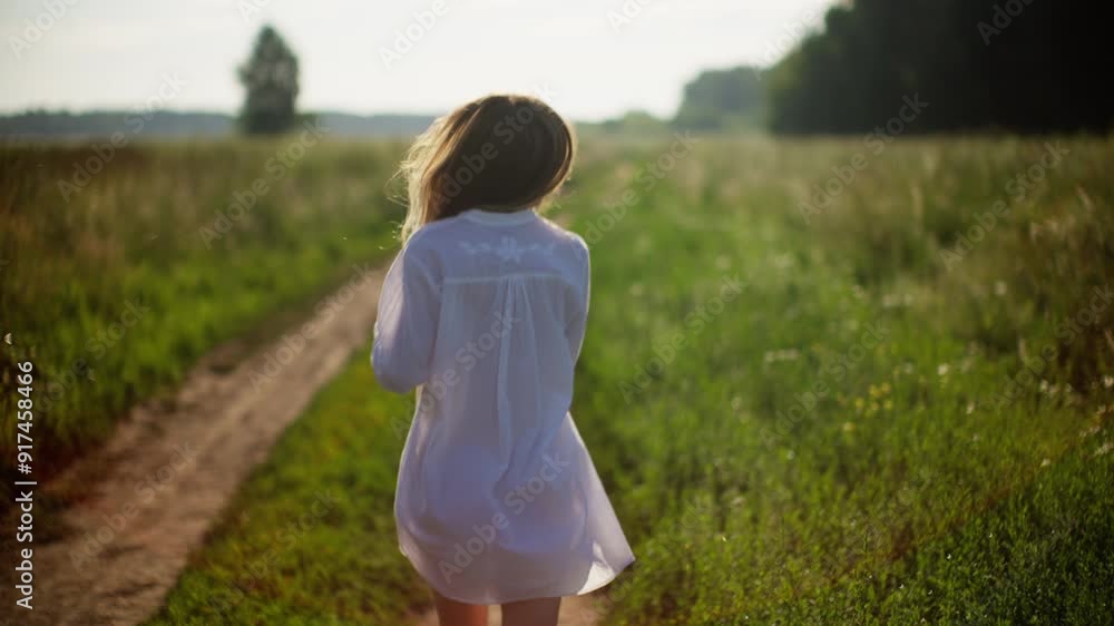 Woman enjoying nature, walking down country path in slow motion Woman enjoying nature, walking down country path in slow motion