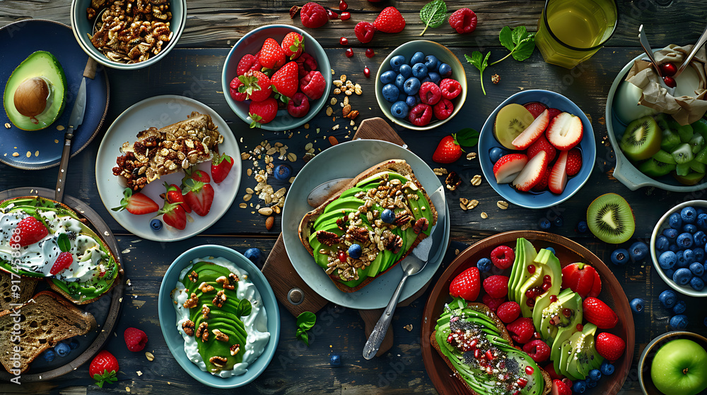healthy food table top view featuring avocado toast, fresh fruits like strawberries and blueberries, bowls of yogurt with granola and nuts, directly above view, all arranged on a rustic wooden table. healthy food table top view featuring avocado toast, fresh fruits like strawberries and blueberries, bowls of yogurt with granola and nuts, directly above view, all arranged on a rustic wooden table.
