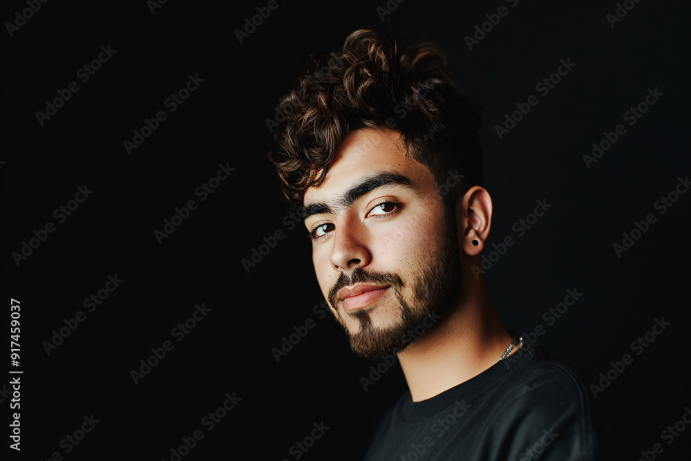 Closeup portrait of a Hispanic man with wavy, dark brown hair styled in a modern quiff, and a clean, well-defined beard, black background Closeup portrait of a Hispanic man with wavy, dark brown hair styled in a modern quiff, and a clean, well-defined beard, black background