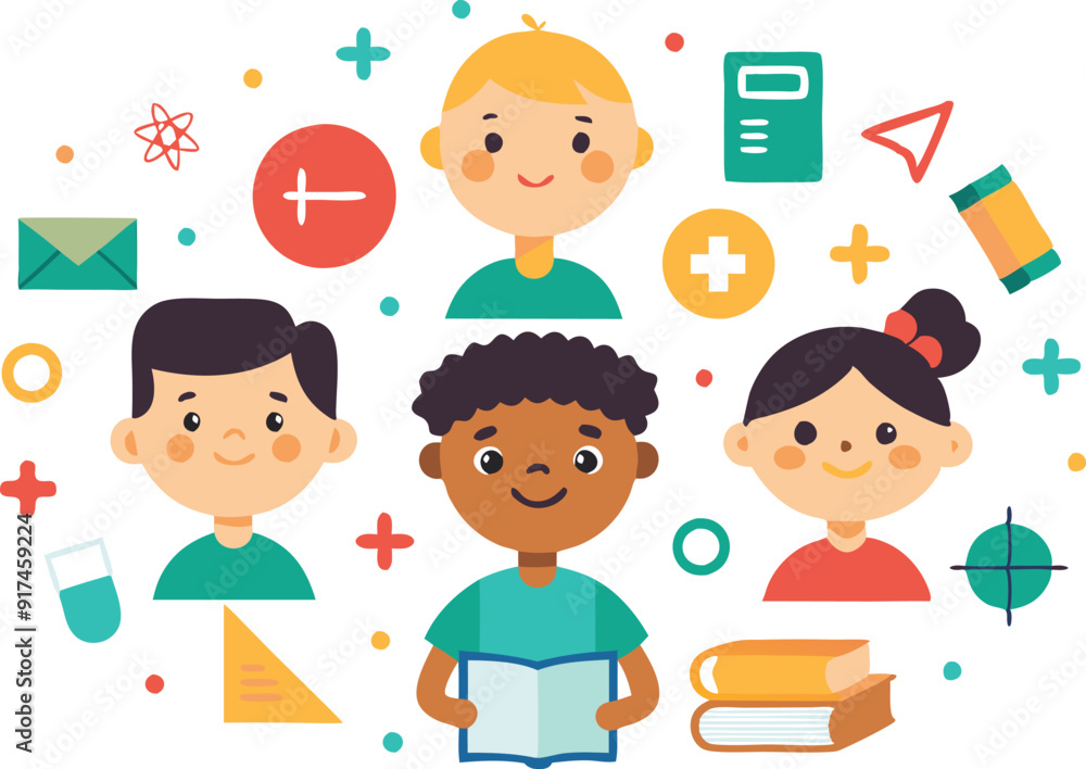 Children engage in study with books and learning tools while surrounded by colorful educational symbols. Children engage in study with books and learning tools while surrounded by colorful educational symbols.