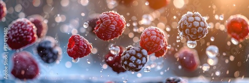 mixed berries frozen mid - air, capturing the motion and freshness of the fruit against a blurred background photo