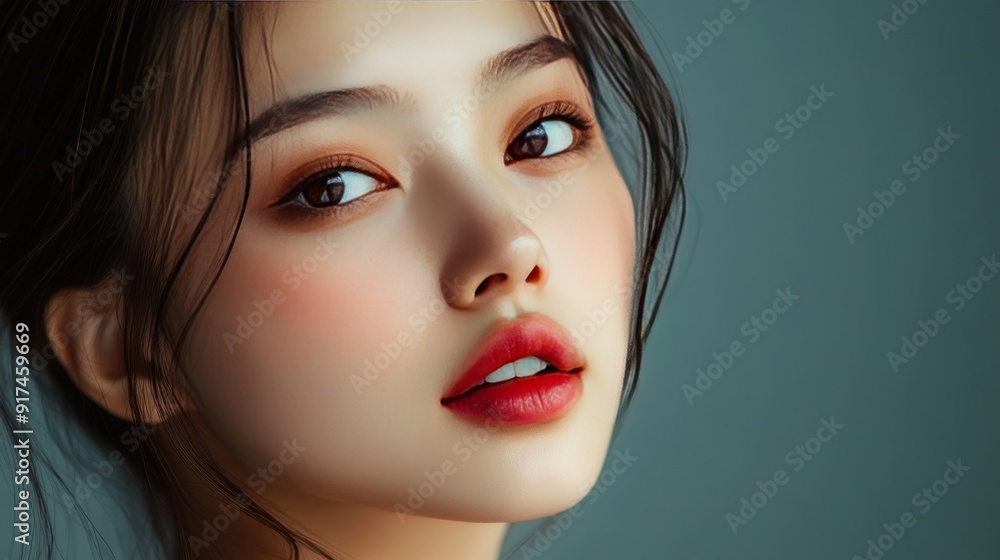 Close-up Portrait of a Woman with Red Lipstick and Long Black Hair Close-up Portrait of a Woman with Red Lipstick and Long Black Hair