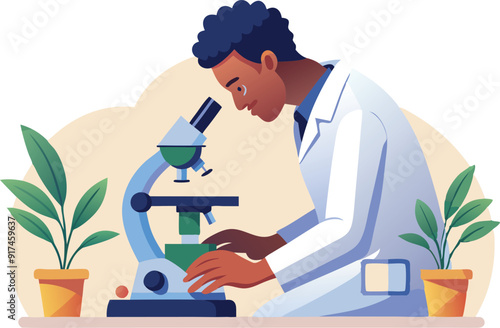 A researcher studies specimens with a microscope surrounded by potted plants.