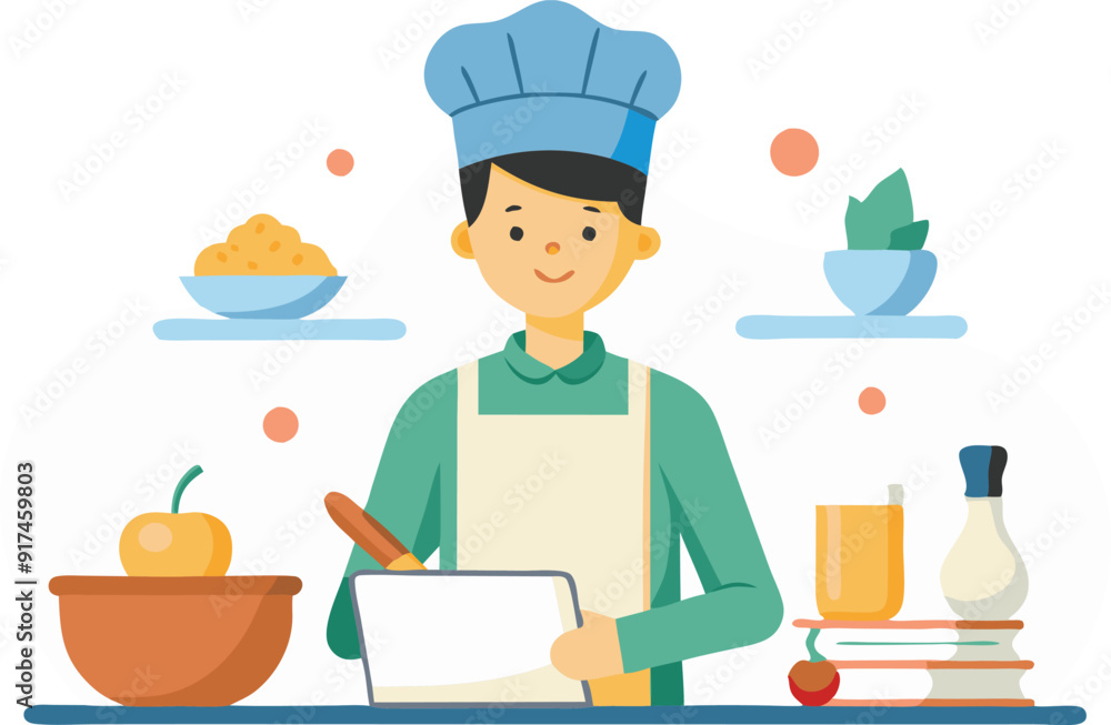 A chef is writing down a recipe while surrounded by various ingredients and kitchen tools. A chef is writing down a recipe while surrounded by various ingredients and kitchen tools.