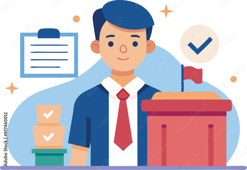A professional oversees the voting process, ensuring everything is ready for participants in an organized office environment. A professional oversees the voting process, ensuring everything is ready for participants in an organized office environment.