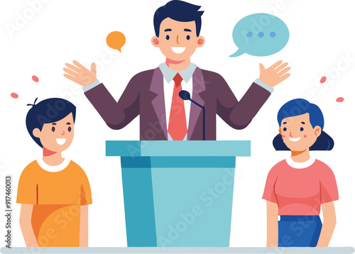 A speaker enthusiastically addresses two attentive young listeners at a podium.