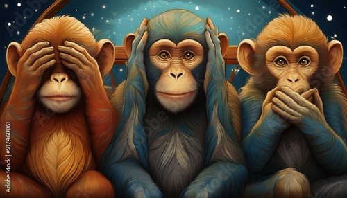 Illustration of the three monkeys, also known as the 