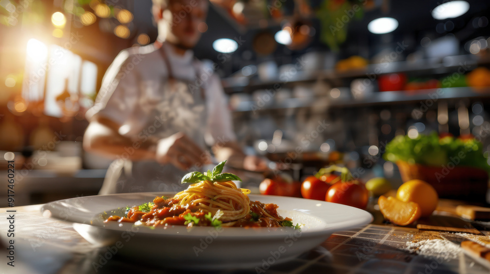 A photographic style of a chef preparing a gourmet pasta dish, bright and inviting, with a busy kitchen background A photographic style of a chef preparing a gourmet pasta dish, bright and inviting, with a busy kitchen background