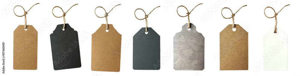 Carton paper label tags, with natural linen string cord knot. Different coloured versions, isolated on transparent background. Generative AI