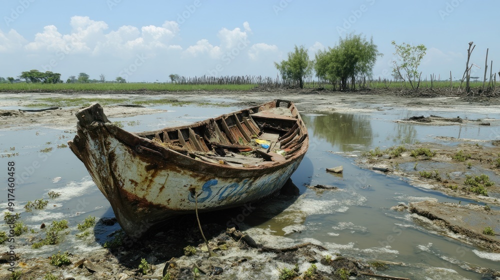 A Rusted Wooden Boat Abandoned in Shallow Water A Rusted Wooden Boat Abandoned in Shallow Water
