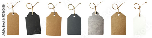 Obraz na płótnie Carton paper label tags, with natural linen string cord knot. Different coloured versions, isolated on transparent background. Generative AI w salonie