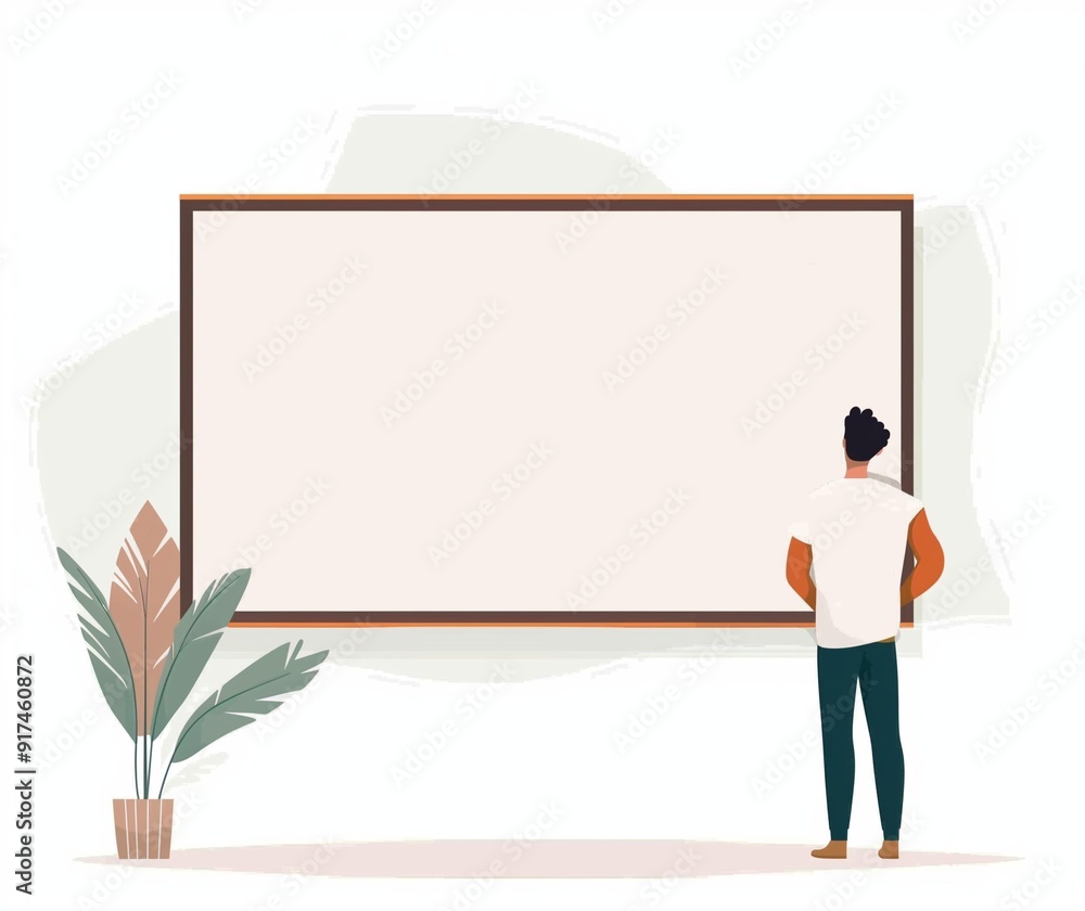 Blank Presentation Whiteboard Illustration with Man Standing in Office, Ideal for Business and Educational Use. Blank Presentation Whiteboard Illustration with Man Standing in Office, Ideal for Business and Educational Use.