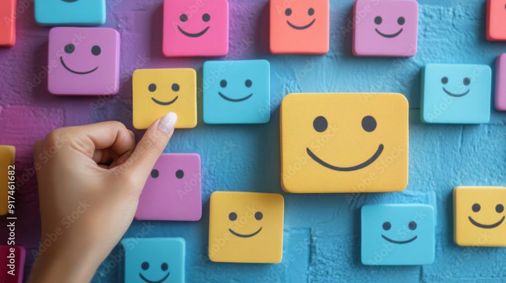 A hand is touching a yellow smiley face on a wall with many other smiley faces A hand is touching a yellow smiley face on a wall with many other smiley faces