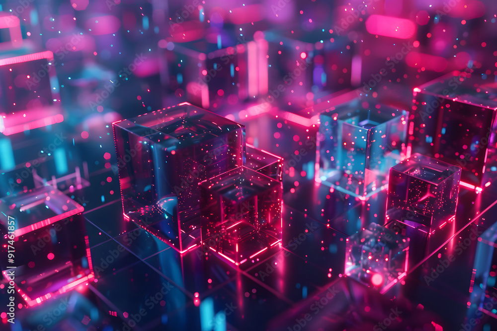 abstract geometric pink and blue neon background. many futuristic cubes in space. 3D illustration abstract geometric pink and blue neon background. many futuristic cubes in space. 3D illustration