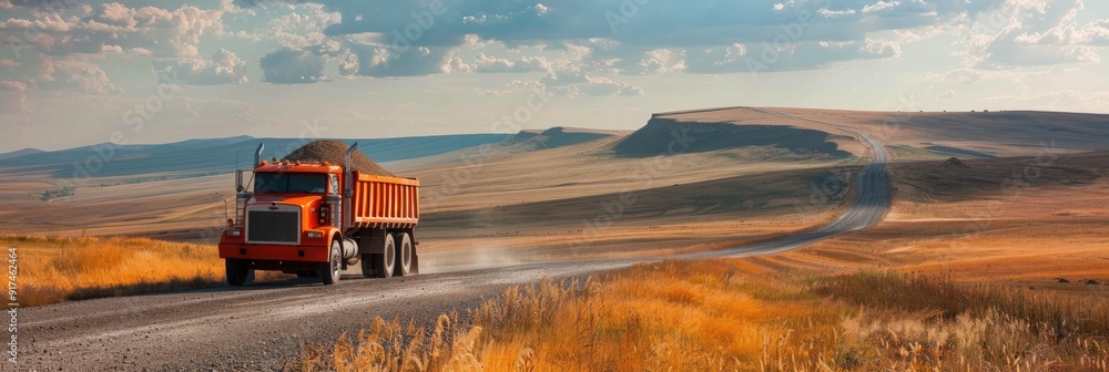 Orange truck with trailer transporting grain on highway across stunning natural landscape during harvest season Orange truck with trailer transporting grain on highway across stunning natural landscape during harvest season