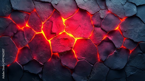 A close up of a rock wall with red lava on it