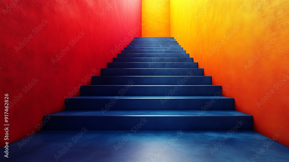 A staircase with blue steps and orange walls A staircase with blue steps and orange walls