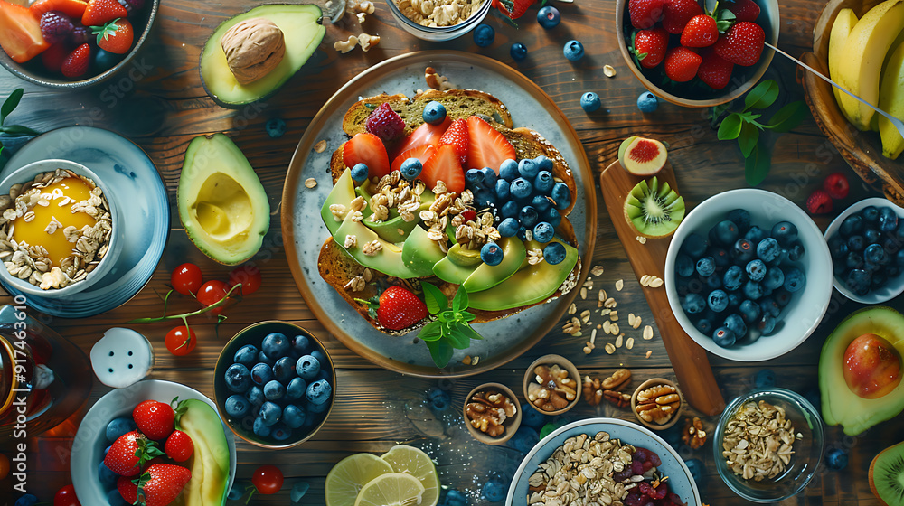 healthy food table top view featuring avocado toast, fresh fruits like strawberries and blueberries, bowls of yogurt with granola and nuts, directly above view, all arranged on a rustic wooden table. healthy food table top view featuring avocado toast, fresh fruits like strawberries and blueberries, bowls of yogurt with granola and nuts, directly above view, all arranged on a rustic wooden table.