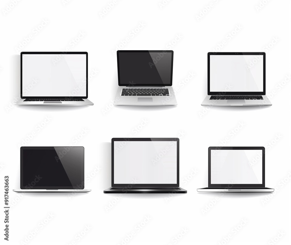 High-Quality Laptop Illustration Set with Various Screen States and Designs for Tech Projects High-Quality Laptop Illustration Set with Various Screen States and Designs for Tech Projects