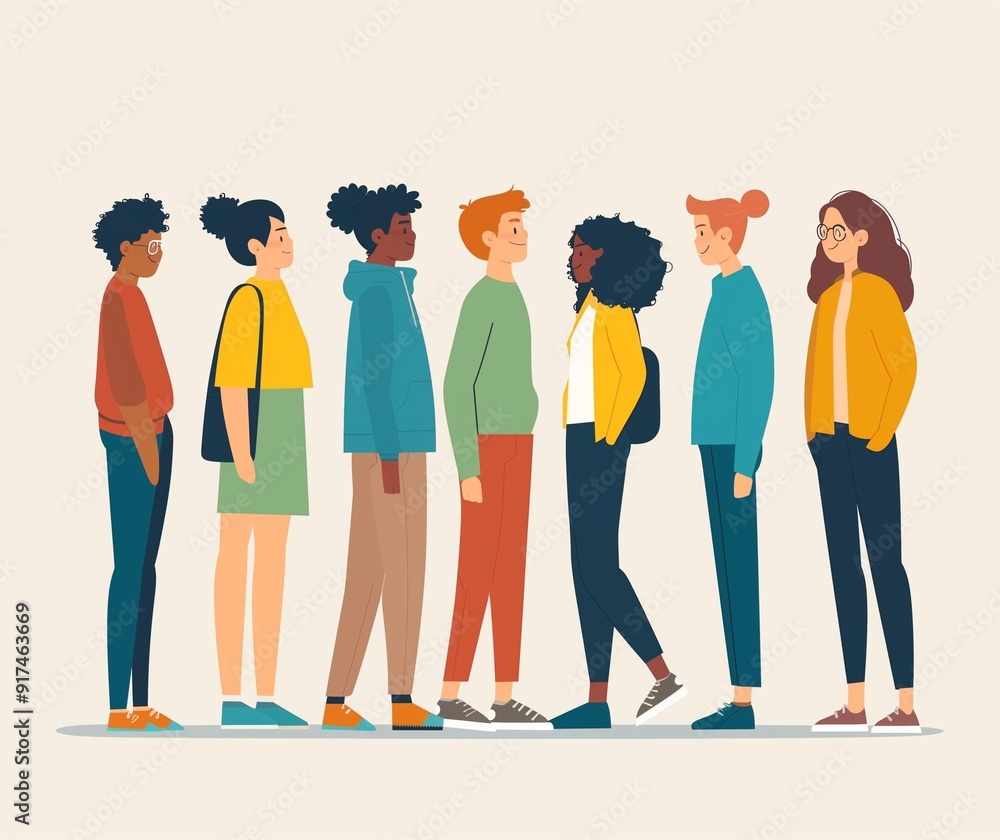 Fototapeta premium Diverse Group of People Standing in Line - Modern Flat Illustration of Young Adults in Casual Clothing..