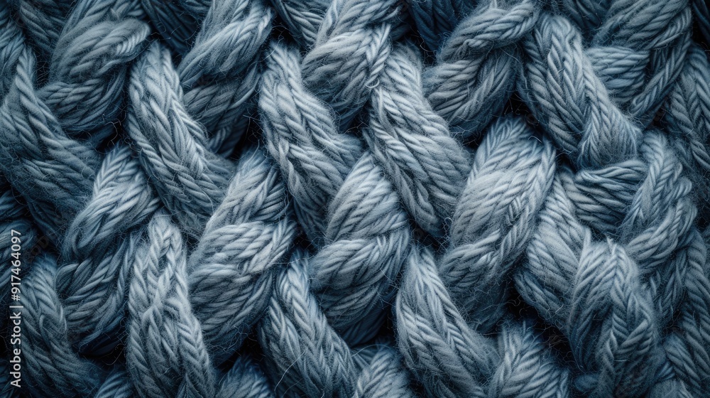 Close-up view of twisted cord knitted fabric on gray-blue background with space for text. Close-up view of twisted cord knitted fabric on gray-blue background with space for text.