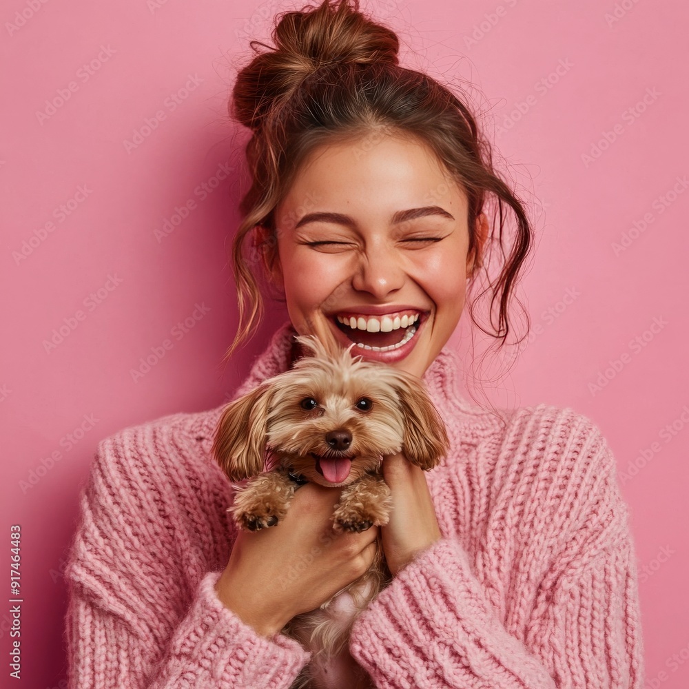 Pink-walled photo with woman and tiny dog while she is smiling. Pink-walled photo with woman and tiny dog while she is smiling.