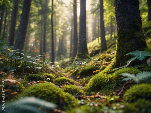 a landscape magical forest, with a tilt-shift lens effect design