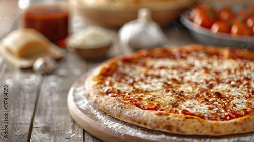 Freshly Baked Margherita Pizza on Wood Board With Tomatoes and Mushrooms in B...