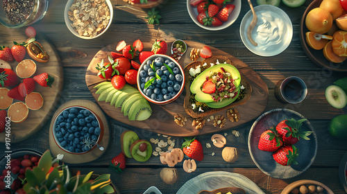 healthy food table top view featuring avocado toast, fresh fruits like strawberries and blueberries, bowls of yogurt with granola and nuts, directly above view, all arranged on a rustic wooden table.