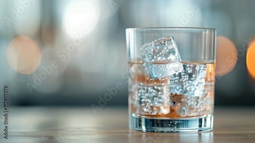 Refreshing Glass of Water With Ice Cubes on Wooden Bar Counter