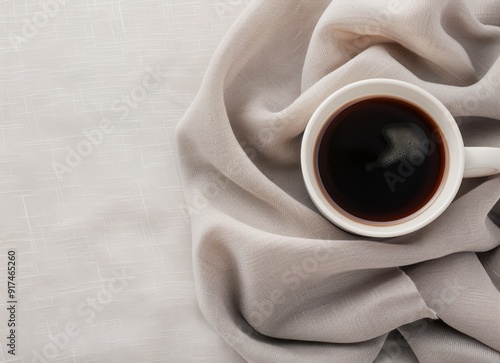 Cup of Black Coffee on Soft Cream Fabric