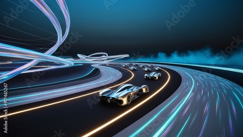 Cybernetic speedways with flowing, luminescent trails. photo