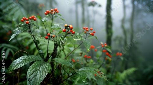 Vibrant Red Berries on Lush Green Foliage in a Misty Forest at Dawn