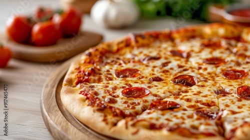 Freshly Baked Margherita Pizza on Wood Board With Tomatoes and Mushrooms in B...