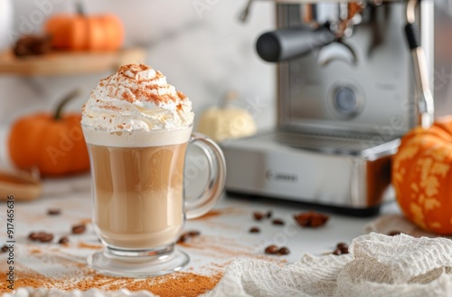 Warm Pumpkin Spice Latte With Whipped Cream And Spices In Cozy Autumn Setting