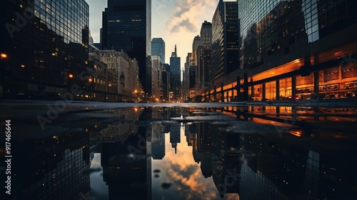 Modern Urban Skyline with Reflective Office Buildings at Nightv