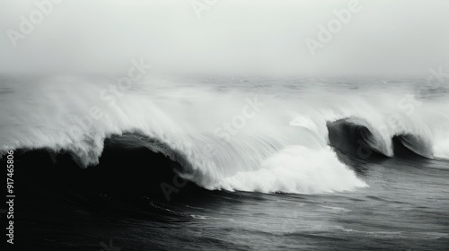 Powerful Waves Crash Against Rocky Shoreline During Stormy Weather