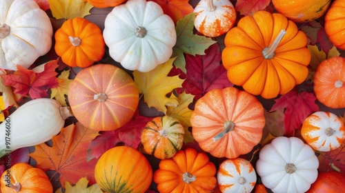 Colorful Fall Pumpkins and Leaves Displayed Together on a Dark Surface