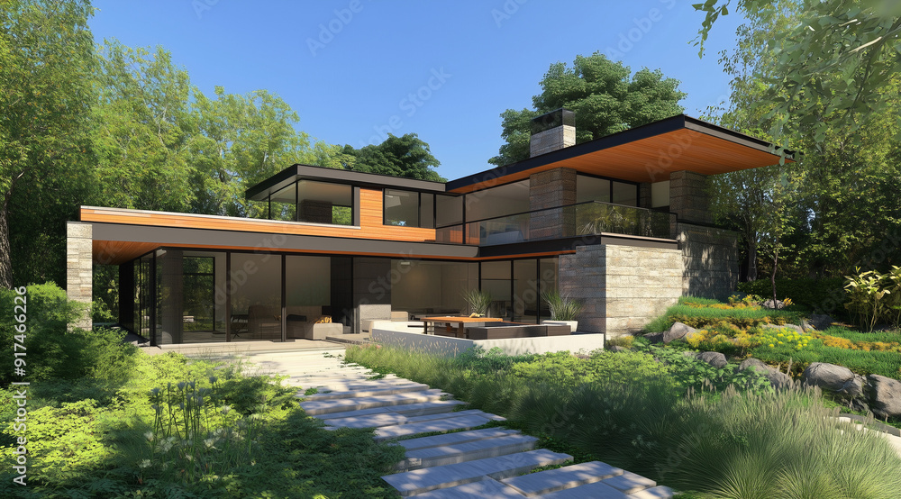 Unique Rendering of a Split-Level Home Featuring a Butterfly Roof and Fiberglass Detail Unique Rendering of a Split-Level Home Featuring a Butterfly Roof and Fiberglass Detail