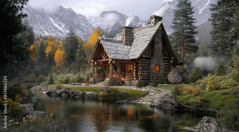 Fototapeta premium Single-Story Chalet with a Gambrel Roof in Log Construction: Another Perspective