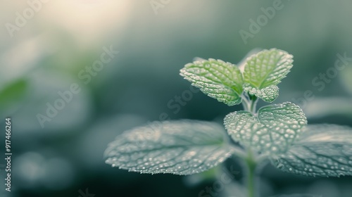 Lush Green Leaves With Dew Drops in a Serene Indoor Garden Setting