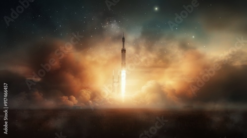 Rocket Launching Into Space Through Nebulous Clouds Near Stars