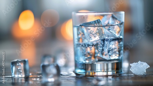 Refreshing Glass of Water With Ice Cubes on Wooden Bar Counter
