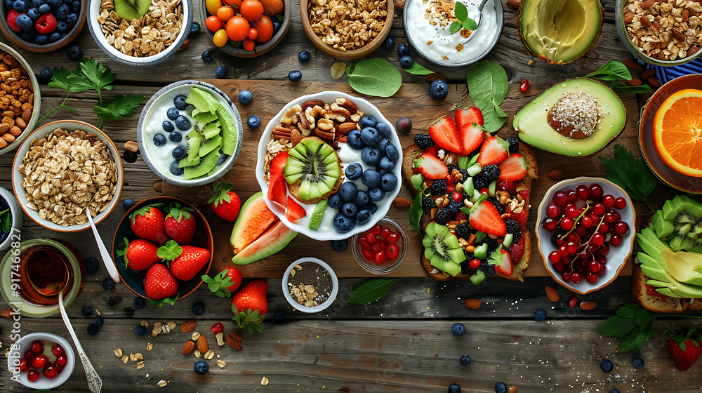 healthy food table top view featuring avocado toast, fresh fruits like strawberries and blueberries, bowls of yogurt with granola and nuts, directly above view, all arranged on a rustic wooden table. healthy food table top view featuring avocado toast, fresh fruits like strawberries and blueberries, bowls of yogurt with granola and nuts, directly above view, all arranged on a rustic wooden table.