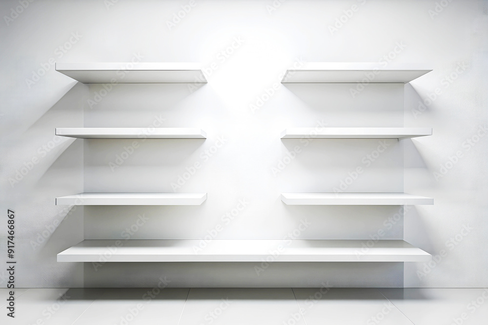 Empty white shelves on the white wall Empty white shelves on the white wall