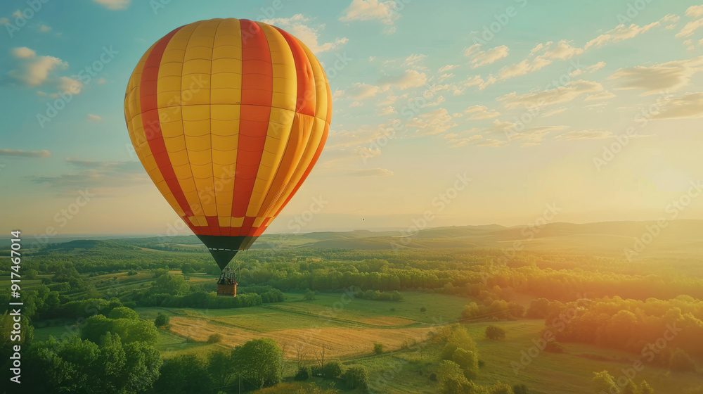 Fototapeta premium A photographic style of a yellow and red striped hot air balloon, flying over a lush green landscape, clear blue sky with soft clouds