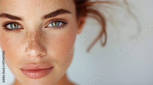 Close-Up of Model With Freckles and Blue Eyes Against Neutral Background