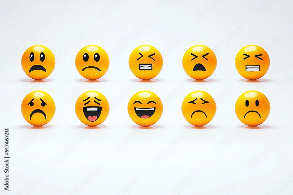Naklejka premium Set of Yellow Angry Unhappy Smiley Faces Emoji Emoticons Generative Illustration on Blank White