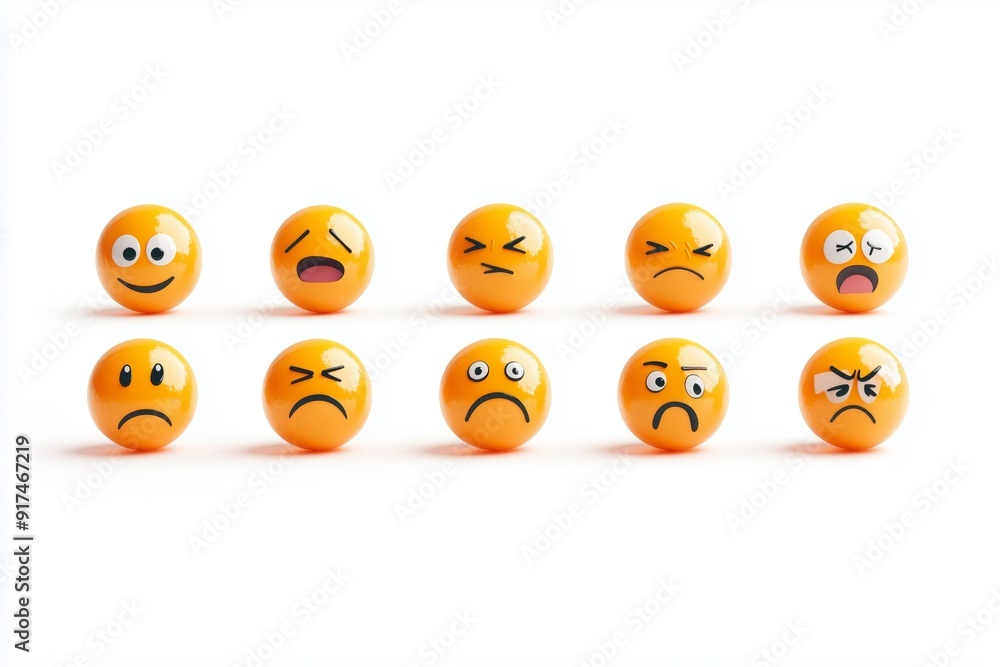 Naklejka premium Set of Yellow Angry Unhappy Smiley Faces Emoji Emoticons Generative Illustration on Blank White